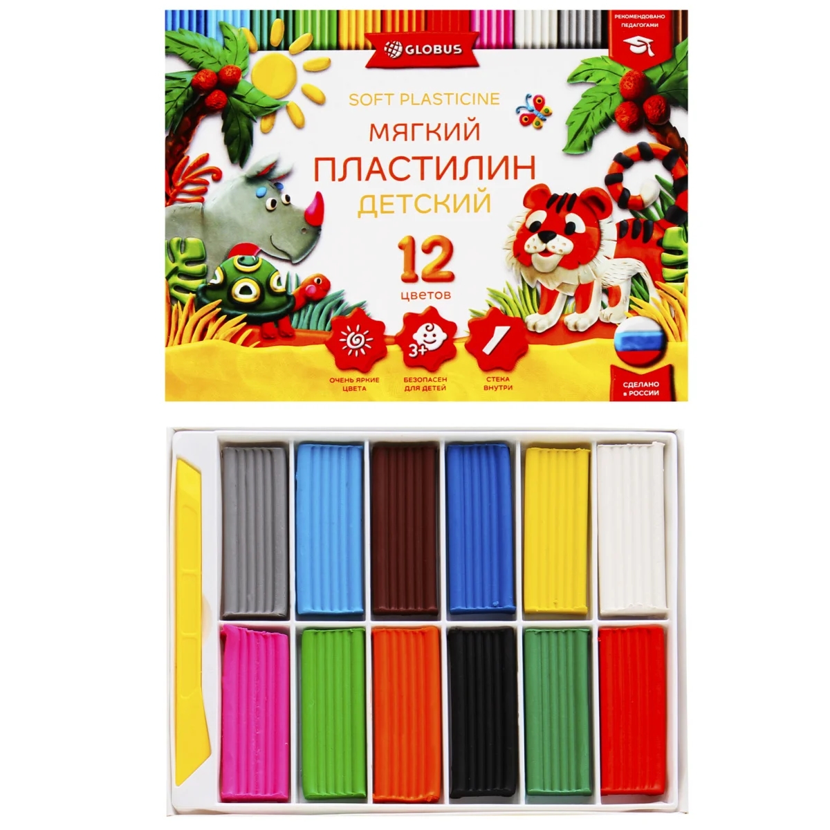 Пластилин, 12 цветов, 180 гр, мягкий, стек, картонная коробка, европодвес, Классический