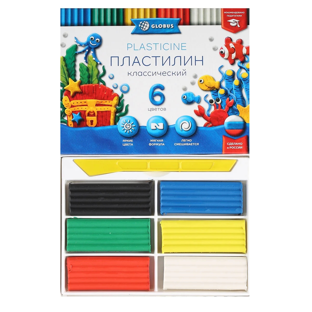 Пластилин, 6 цветов, 120 гр, стек, картонная коробка, Классический, Globus