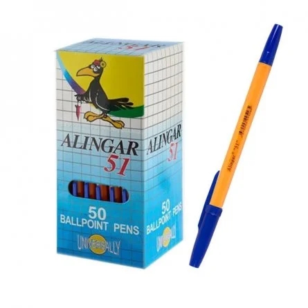 Ручка шариковая Alingar, "51", 1,0 мм, синяя, пулевид. никонечник, шестигранный, оранжевый, пластиковый корпус, 50 шт/уп, карт. уп